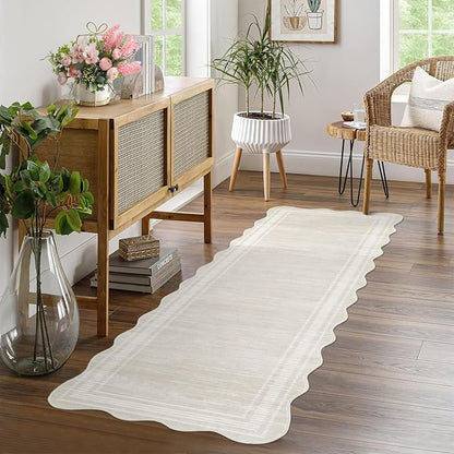 Garvee Washable 2x6 Runner Rugs for Hallway Kitchen Bathroom Rug Beige | Scalloped Non Slip Low Pile Solid Runner Rugs for Bedroom Entryway, Nursery Rugs Runner