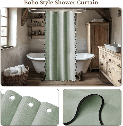 BTTN Boho Stall Shower Curtain, 36x72 Half Scalloped Linen Textured Heavy Duty Fabric Shower Curtain Set with 6 Hooks, Small Rustic Farmhouse Waterproof Cloth Shower Curtain for Bathroom, Sage Green