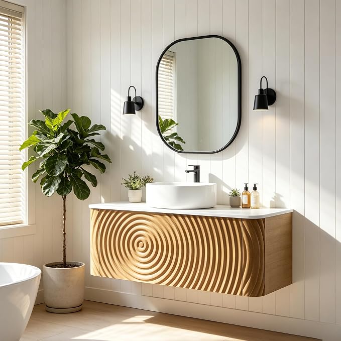 36" Floating Bathroom Vanity with Sink, Mid-Century Wall Mounted Bathroom Vanity Cabinet with Waved Decor, Ceramic Vessel Basin, Sintered Stone Top, Soft Close Storage Drawer, Natural