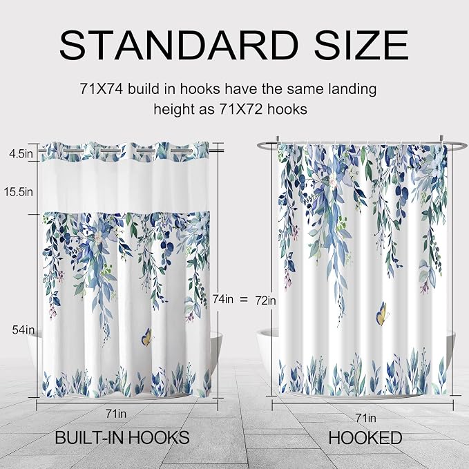 No Hook Shower Curtain and Liner Set, Blue Eucalyptus 71x74 | Floral Design, with Snap in Liner, Waterproof, Machine Washable, Quick-Drying, for Hotel Bathroom