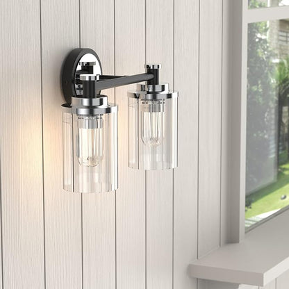 Bathroom Lighting Fixtures Black and Chrome Bathroom Vanity Light with Cylindrical Clear Stripes Glass Lampshade E26 Socket Base Bathroom Lighting Fixtures Over Mirror (2 Lights)