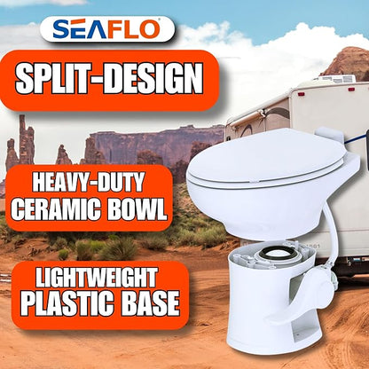SEAFLO Residential Height Camper/RV Toilet with Elongated Ceramic Bowl, 19” Standard Height, Gravity Flush System, Foot Pedal Operation, Soft Close Seat, 4-Year Warranty