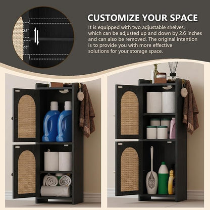 Arbuxzuy Rattan Bathroom Storage Cabinet with 2 Doors and Adjustable Shelf | Black Corner Floor Cabinet, Narrow Toilet Paper Cabinets with 2Hooks,Toilet Organizer for Small Spaces, 7.87"D*9.84"W*29.72"H