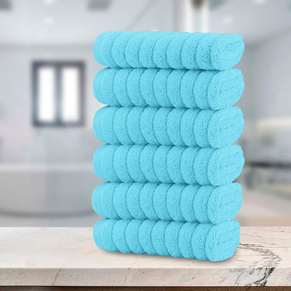 Elegant Comfort 100% Turkish Cotton Corduroy Ribbed Luxury Washcloths 6 Pack Soft 13 x 13 Inch - Higly Absorbent, Durable, Quick Dry, Spa Premium Hotel Quality for Bathroom or Travel, Aqua