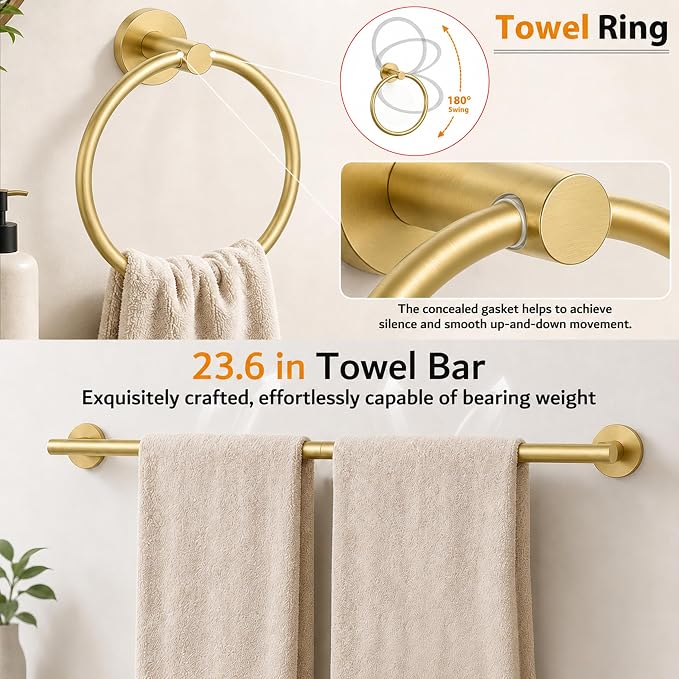 5 Piece Brushed Gold Bathroom Hardware Accessories Set, 24" Towel Bar Set | Bathroom Towel Rack Set with Wall Mounted SUS304 Stainless Steel , Double Post Toilet Paper Holder, Towel Ring & Robe Hooks