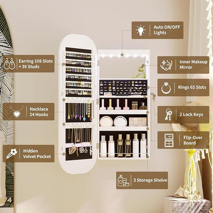 LVSOMT LED Mirror Jewelry Cabinet, Wall/Door Jewelry Organizer, 16"W, White | Lockable Jewelry Armoire with Full Length Mirror, 65 Ring and 108 Earring Slots, Foldable Shelf, Rounded Corner