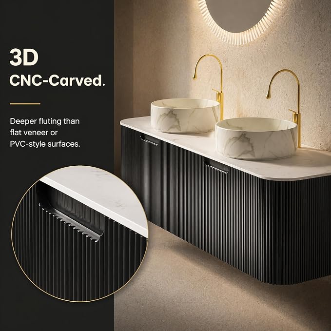 60 Inch Double Sink Bathroom Vanity, Floating Wall Mounted Cabinet, Black Curved Fluted Front, Stone Top, Dual Marble-Look Round Vessel Basins, Pre-Assembled