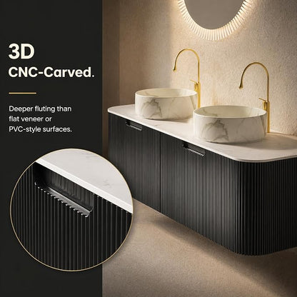 60 Inch Double Sink Bathroom Vanity, Floating Wall Mounted Cabinet, Black Curved Fluted Front, Stone Top, Dual Marble-Look Round Vessel Basins, Pre-Assembled