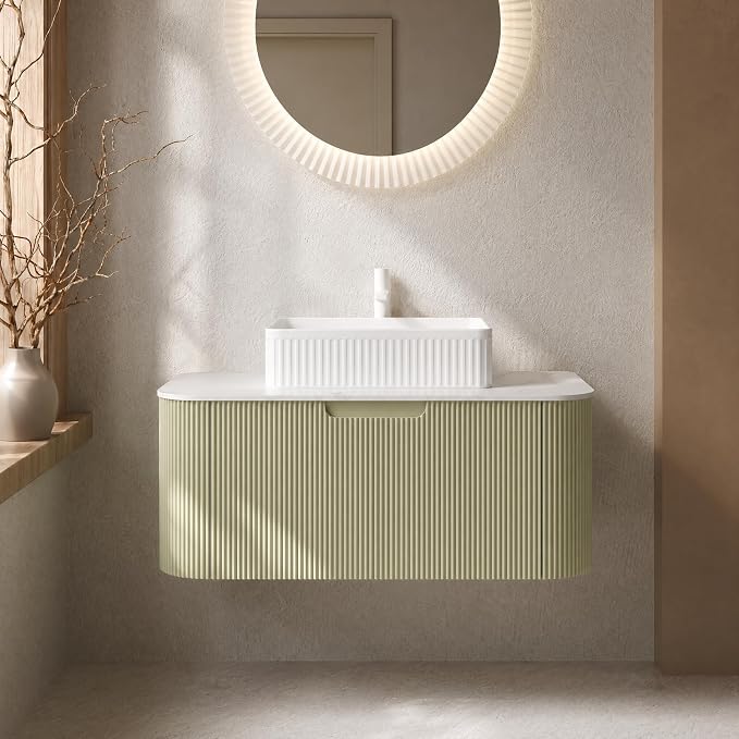 36 Inch Bathroom Vanity with Sink, Floating Wall Mounted Single Sink Vanity, Sage Green Curved Fluted Front, Stone Top, White Textured Rectangular Vessel Basin, Pre-Assembled