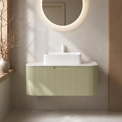 36 Inch Bathroom Vanity with Sink, Floating Wall Mounted Single Sink Vanity, Sage Green Curved Fluted Front, Stone Top, White Textured Rectangular Vessel Basin, Pre-Assembled