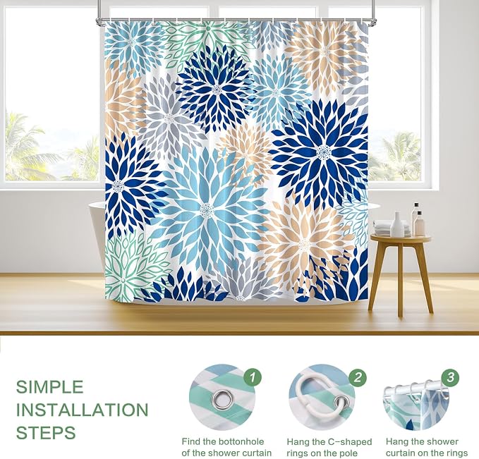 Shower Curtain Dahlia, Floral Shower Curtain Teal Blue Flowers Shower Curtains with Hooks for Bathroom Waterproof Polyester Fabric Machine Washable Home Farmhouse Decor Bath Curtains 72 X 72 Inches