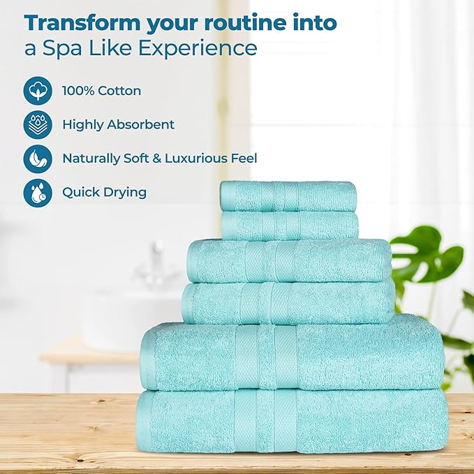 Superior Ultra-Soft Cotton Bath Towel Set, Quick-Dry, Absorbent, Shower, Spa Basics, Large Towels, Bathroom Sets, Bath Essentials, Solid, Double Line Dobby Border, 2 Pack, Set of 2, Cyan Blue