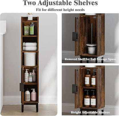 Narrow Bathroom Storage Cabinet, Corner Toilet Paper Floor Cabinet 5 Tiers with Door and Shelves,Bathroom Organizer with Adjustable Shelf, for Small Spaces(Rustic Brown)