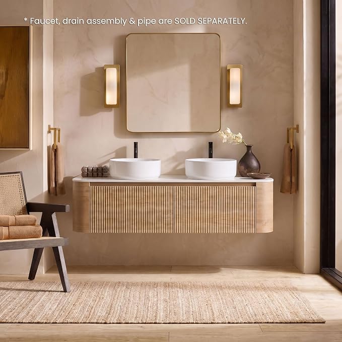 60" Preassembled Double Floating Bathroom Vanity with Round Sink, Oak | Mid-Century Modern Style, Fluted & Soft-Close Drawer with U-shaped Wall, Sinterted Stone Countertop, Towel Rack Included