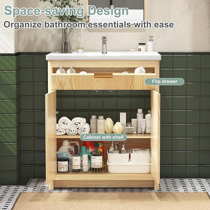 32 Inch Bathroom Vanity with Sink, Bathroom Vanity Cabinet with Single Sink, Bath Vanities with 2 Doors and 1 Flip Drawer, Natural Oak (19" D x 32" W x 36" H)