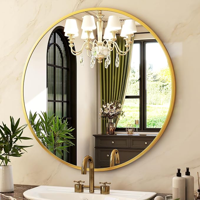 HARRITPURE 24 Inch Round Mirror Gold Circle Bathroom Mirror | Modern Aluminum Alloy Frame Wall Mounted Vanity Mirror for Living Room, Bedroom, Entryway