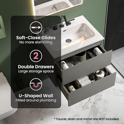 24" Bathroom Vanity with Sink, Modern Floating Vanity with Double Soft Closing Drawers, Large Storage for Small Space, Space Gray, Fully Assembled - Iris Collection