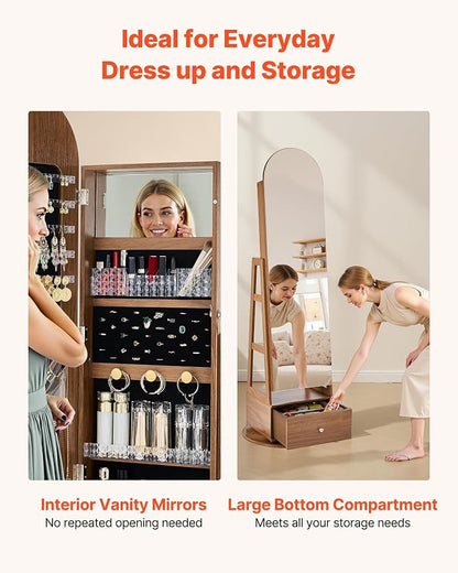 VEVOR 360° Swivel Jewelry Cabinet, 65.1-inch Tall, Full-Length Mirror with Storage, Standing Rotatable Jewelry Armoire Organizer, Lockable with 2 Keys, Accessory Pouches, Storage Shelves and Drawer