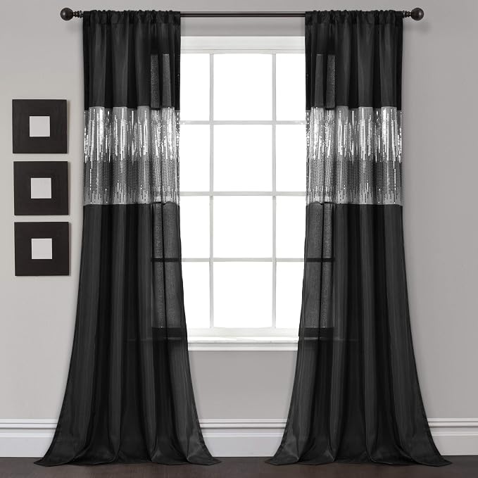 Lush Decor Night Sky Window Curtain Panel, Single 42"W x 95"L Black - Sequin Backdrop Curtain - Room Darkening Curtains For Bedroom - Glam Decor