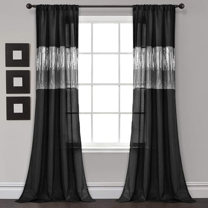 Lush Decor Night Sky Window Curtain Panel, Single 42"W x 95"L Black - Sequin Backdrop Curtain - Room Darkening Curtains For Bedroom - Glam Decor