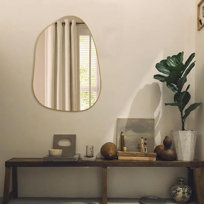 PERFNIQUE Irregular Asymmetrical Wall Mirror, 27''x19'' Gold Bathroom Mirror
