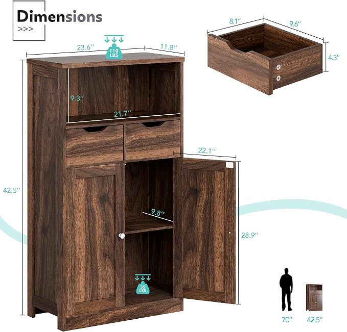 Vongrasig Bathroom Storage Cabinet, 42.5" H Freestanding Floor Cabinet | Wooden Modern Cabinet with 2 Drawers, Open Shelf and Adjustable Shelf for Bathroom, Laundry Room and Entryway, Walnut