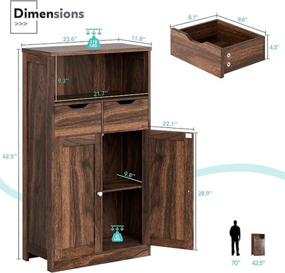 Vongrasig Bathroom Storage Cabinet, 42.5" H Freestanding Floor Cabinet | Wooden Modern Cabinet with 2 Drawers, Open Shelf and Adjustable Shelf for Bathroom, Laundry Room and Entryway, Walnut