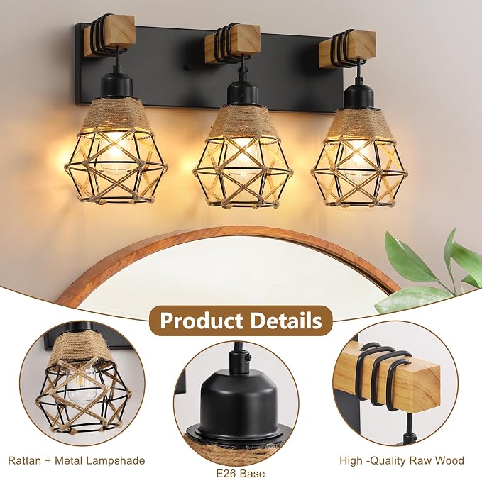 LmnLvn 3-Light Bathroom Vanity Light, Boho Farmhouse Hemp Rope Cage Shade | Wood & Black Metal Frame, Rustic Vanity Lighting, Mounted Over Mirror, Easy To Install for Restroom, Bedroom & Hallway
