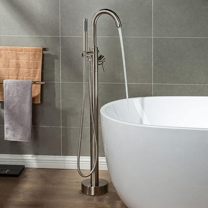 Woodbridge F0001BNRD Contemporary Single Handle Floor Mount Freestanding Tub Filler Faucet with Hand Shower in Brushed Nickel Finish