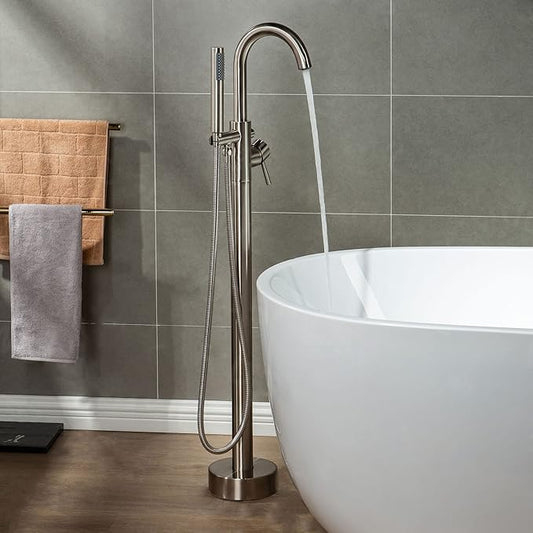 Woodbridge F0001BNRD Contemporary Single Handle Floor Mount Freestanding Tub Filler Faucet with Hand Shower in Brushed Nickel Finish