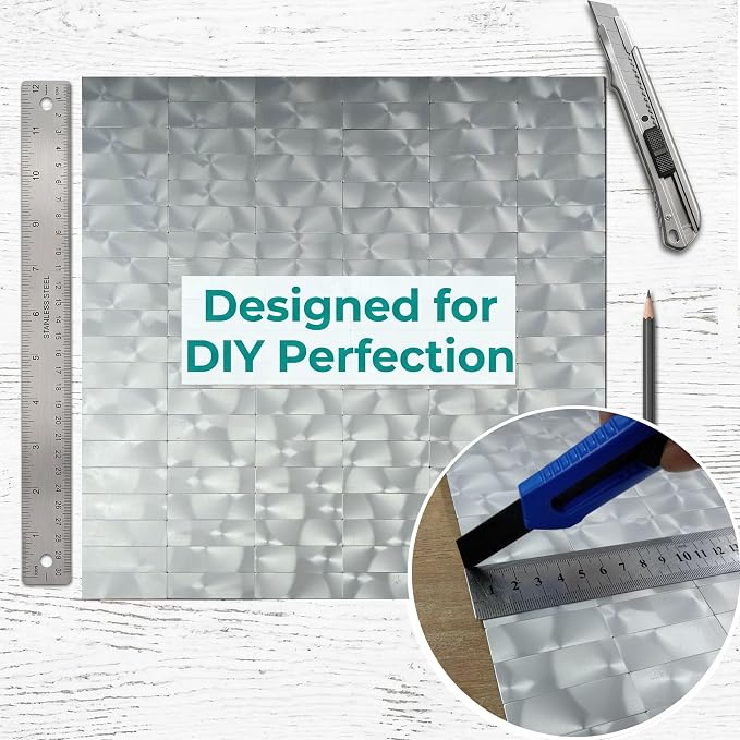XUANINY Peel and Stick Tile Backsplash Self- Adhesive Wall Tiles Aluminum Mosaic Sticker for Kitchen (11.33"x11.92" Per Sheet, Pack of 10 pcs) (Silver Texture 10)