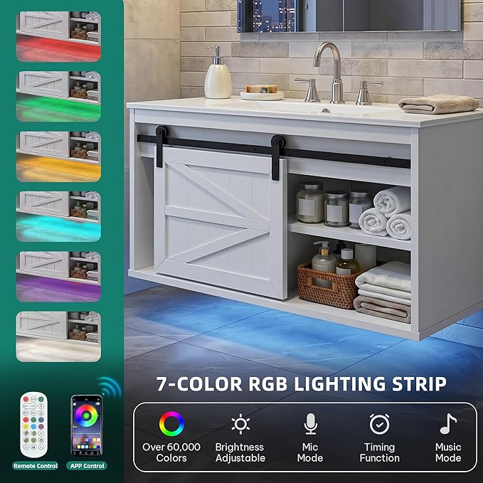 DWVO 36" LED Bathroom Vanity with Sink, Farmhouse Sliding Barn Door Bathroom Cabinet, Bathroom Vanities, Wall Mounted Floating Cabinet