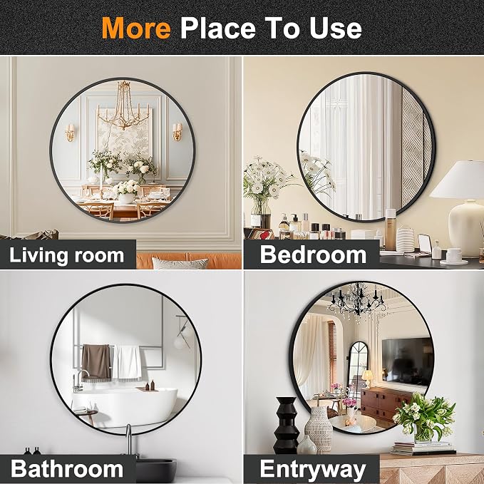 22 Inch Black Round Circle Mirror for Bathroom Wall, Metal Frame | HD tempered glass for clear, distortion-free reflection. Mounting hardware included for vertical or horizontal wall mount.