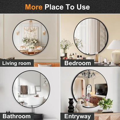 22 Inch Black Round Circle Mirror for Bathroom Wall, Metal Frame | HD tempered glass for clear, distortion-free reflection. Mounting hardware included for vertical or horizontal wall mount.