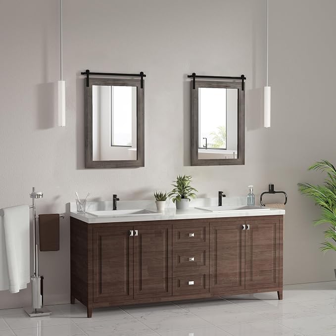 COGOOD Farmhouse Bathroom Mirrors for Over Sink - 30 x 22 Grey | Rustic Barn Door Wood Framed Vanity Mirror for Entryway, Living Room, Bedroom, Dresser Wall Decor