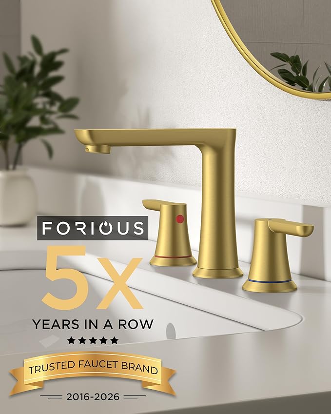 FORIOUS Gold Bathroom Faucet 3 Hole, Two Handle Gold Faucet for Bathroom Sink 3 Hole with Metal Pop-up Drain, cUPC Supply Lines and 1.2GPM Spare Aerator, for Vanity Sink Taps and Commercial Sinks
