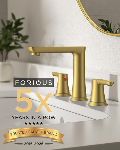 FORIOUS Gold Bathroom Faucet 3 Hole, Two Handle Gold Faucet for Bathroom Sink 3 Hole with Metal Pop-up Drain, cUPC Supply Lines and 1.2GPM Spare Aerator, for Vanity Sink Taps and Commercial Sinks