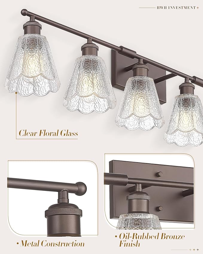 HWH Farmhouse Vanity Light Fixture, Rustic Bathroom Light Fixtures for Bedroom, 6-Light Wall Sconces Lights with Clear Floral Glass, Oil-Rubbed Bronze Finish, 5HJX110B-6W ORB