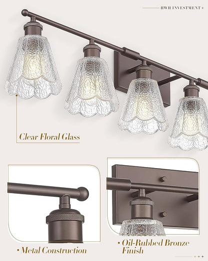 HWH Farmhouse Vanity Light Fixture, Rustic Bathroom Light Fixtures for Bedroom, 6-Light Wall Sconces Lights with Clear Floral Glass, Oil-Rubbed Bronze Finish, 5HJX110B-6W ORB