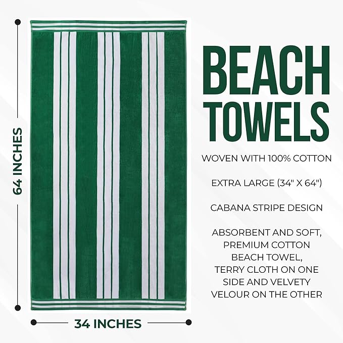 Superior Oversized Cotton Beach Towel Set of 2, Absorbent Towels for Bathroom, Beach, Pool, Swim, Adults, Kids, Vacation, Travel, Bath, Quick Dry Basics, Trip Essentials, Striped Decor, Dark Green