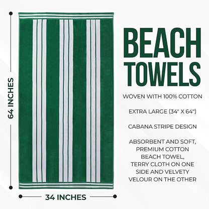 Superior Oversized Cotton Beach Towel Set of 2, Absorbent Towels for Bathroom, Beach, Pool, Swim, Adults, Kids, Vacation, Travel, Bath, Quick Dry Basics, Trip Essentials, Striped Decor, Dark Green