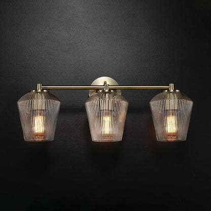 GLOBE Electric 63000063 5-Piece All-in-One Bathroom Set, Matte Brass Finish, 3-Light Vanity Light, Glass Shades, Towel Bar, Toilet Paper Holder, Towel Ring, Robe Hook, Bathroom Lights Over Mirror