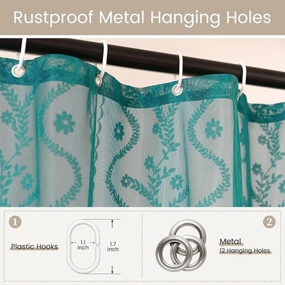 WAZZIO Teal Lace Shower Curtain for Bathroom 72" W x 72" L, Victorian Farmhouse Floral Pattern Tassel Fancy Shower Curtain Boho Washable Cloth Decorative Bath Curtains,1 Panel,Turquoise