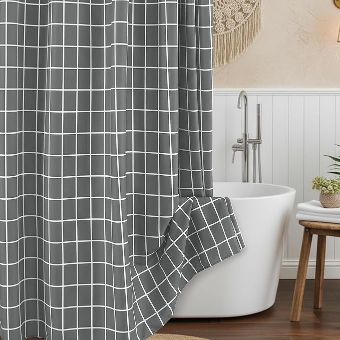 Fabric Farmhouse Shower Curtain-Modern Bathroom Shower Curtains Dark Grey | 70"Wx72"L Faux Linen Grid Minimalist Simple Rustic Neutral Guest Bathroom Decor-Cloth Geometric Plaid Washable Hotel Quality