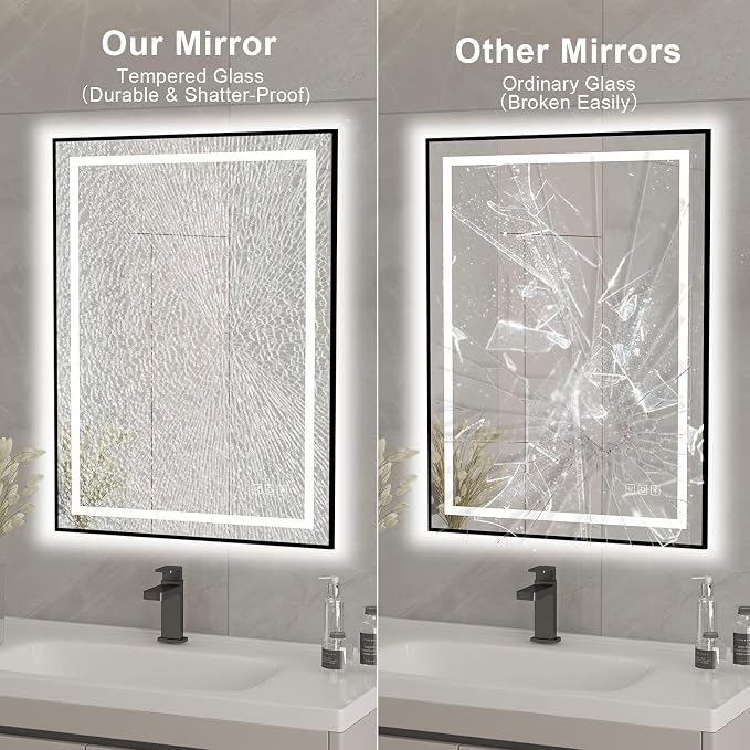18x24 inches Rectangular Aluminum Black Framed LED Mirror, Smart Bathroom Mirror with Lights, Anti-Fog, Tempered Glass, 3 Colors Dimmable, Front and Backlit, Wall Mounted, Memory