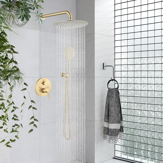 gotonovo High Pressure Shower System Valve and Trim Kit,Brushed Gold | Round Rain 10 Inch Shower Head with Handheld Faucet Set Complete,Rough In Valve,2-in-1 Diverter,All Metal,Bathroom Wall Mount