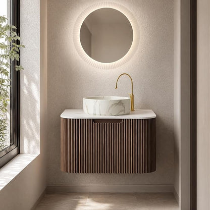 24 Inch Bathroom Vanity with Sink, Floating Wall Mounted Single Sink Vanity for Small Baths, Dark Walnut Curved Fluted Front, Stone Top, Marble-Look Round Vessel Basin, Pre-Assembled