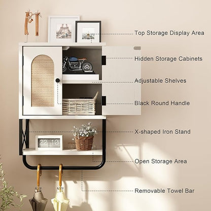 RUSTOWN Rattan Bathroom Wall Cabinet, Boho Over The Toilet Storage Cabinet with Arched Rattan Doors, Modern Medicine Cabinet with Adjustable Shelves & Towel Bar(Vintage White,Small)