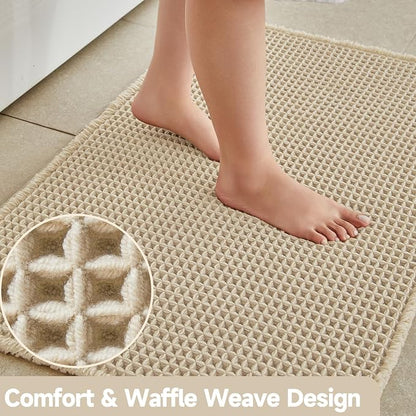 TYUU Waffle Bath Mat, Small Boho Bathroom Rugs Non Slip 24x16 Pale Beige | Super Absorbent Quick Dry Bath Rug, Non-Slip Backing, Soft Waffle Washable Farmhouse Bathroom Mats, Tub, Shower & Home Decor