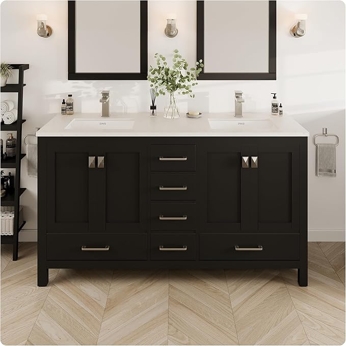 Eviva London 60" W x 18" D Espresso with Sink Bathroom Vanity with White Carrara Quartz Countertop and Undermount Porcelain Sinks
